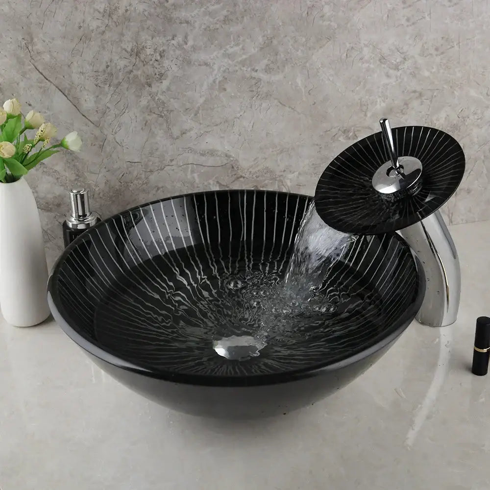 DecorBites™ Black Glass Bathroom Sink Set with Hand Painted Design & Waterfall Faucet