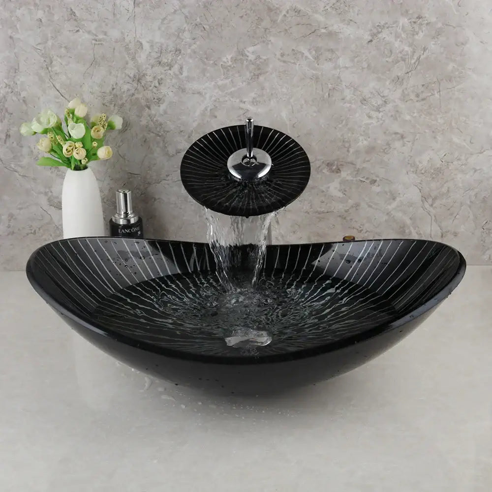 DecorBites™ Black Glass Bathroom Sink Set with Hand Painted Design & Waterfall Faucet