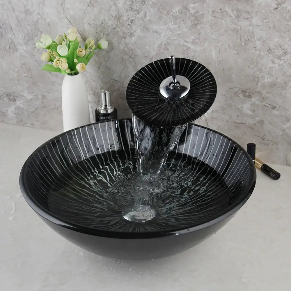 DecorBites™ Black Glass Bathroom Sink Set with Hand Painted Design & Waterfall Faucet