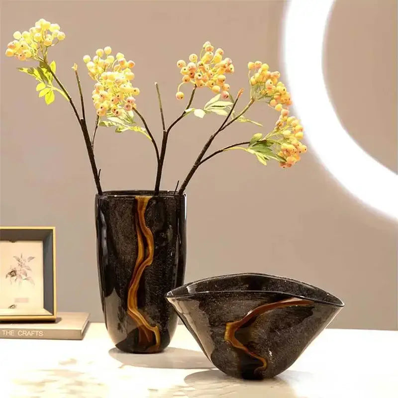 DecorBites™ Black Glass Vase Flower Pot for Terrarium Room Decoration and Floral Arrangement
