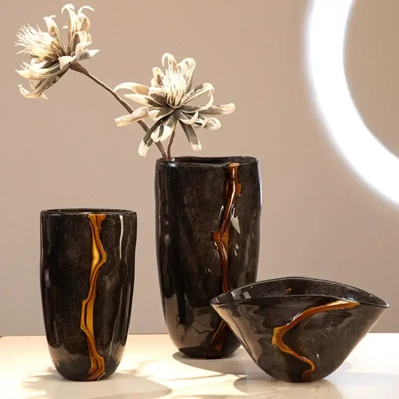 DecorBites™ Black Glass Vase Flower Pot for Terrarium Room Decoration and Floral Arrangement