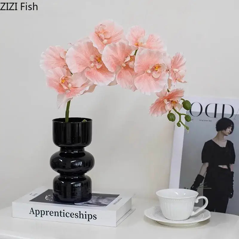 DecorBites™ Black Glass Vase with Artificial Flowers for Minimalist Room Decor