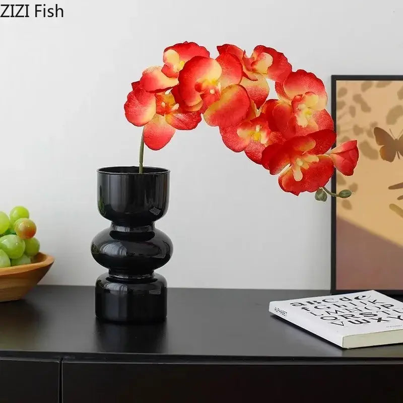 DecorBites™ Black Glass Vase with Artificial Flowers for Stylish Room Decor