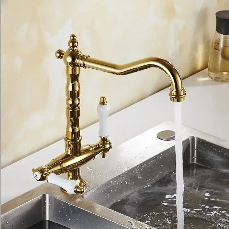 DecorBites™ Black Gold Brass Kitchen Sink Faucet with Double Handles