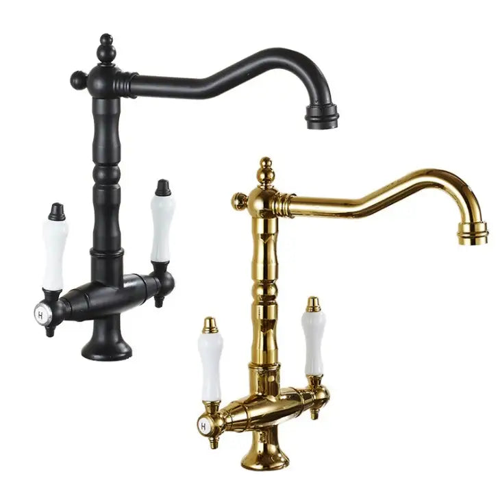 DecorBites™ Black Gold Brass Kitchen Sink Faucet with Double Handles