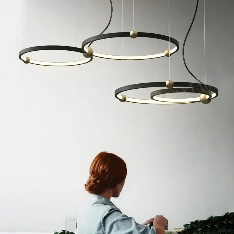 DecorBites™ Black Gold Chandelier Creative Italian Design Light Metal LED Rings Circle