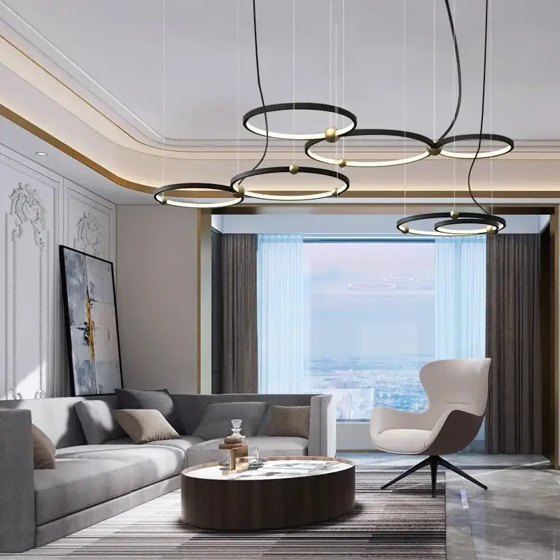 DecorBites™ Black Gold Chandelier Creative Italian Design Light Metal LED Rings Circle