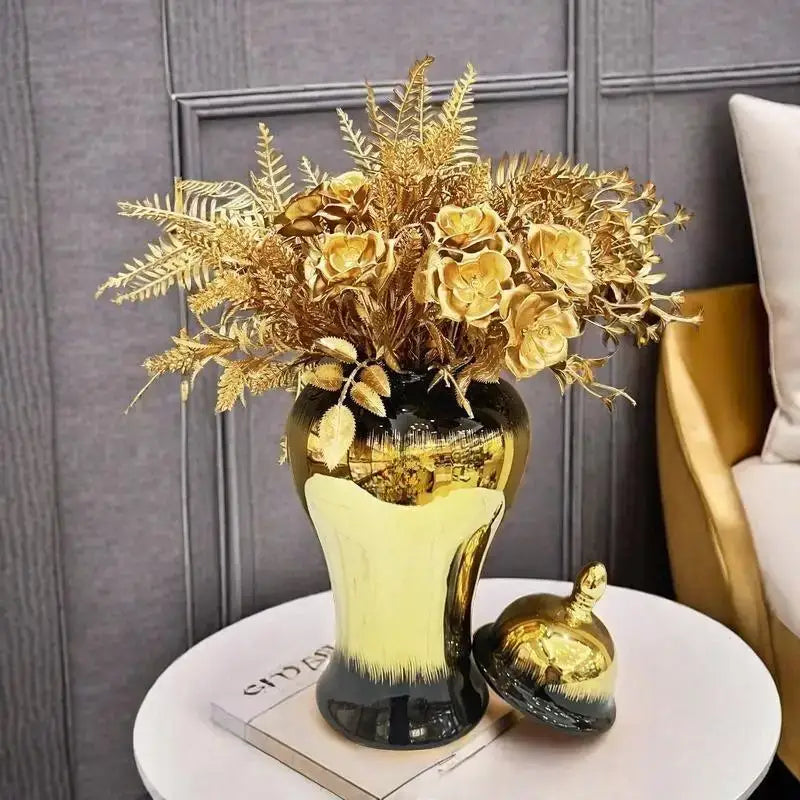 DecorBites™ Black Gold Gradated Ginger Jar: Ceramic Checkmate Jar, Home Decoration Accessories