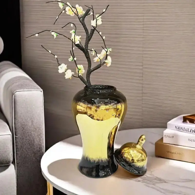 DecorBites™ Black Gold Gradated Ginger Jar: Ceramic Checkmate Jar, Home Decoration Accessories