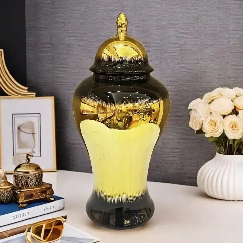 DecorBites™ Black Gold Gradated Ginger Jar: Ceramic Checkmate Jar, Home Decoration Accessories