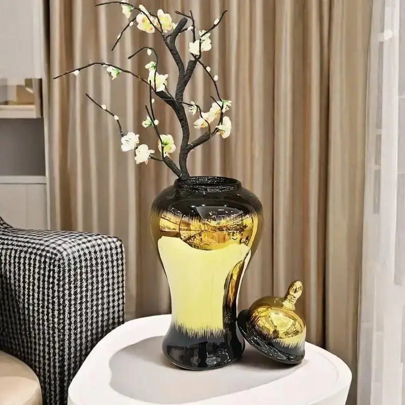 DecorBites™ Black Gold Gradated Ginger Jar: Ceramic Checkmate Jar, Home Decoration Accessories