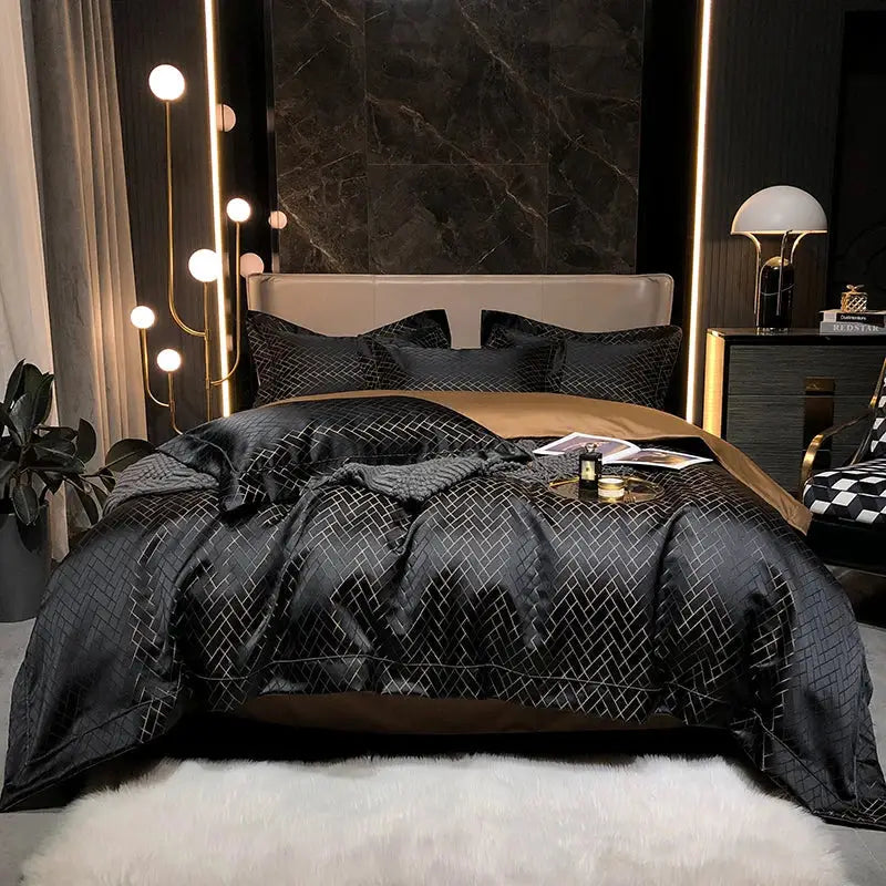 DecorBites™ Black Gold Jacquard Egyptian Cotton Bedding Set - 4Pcs