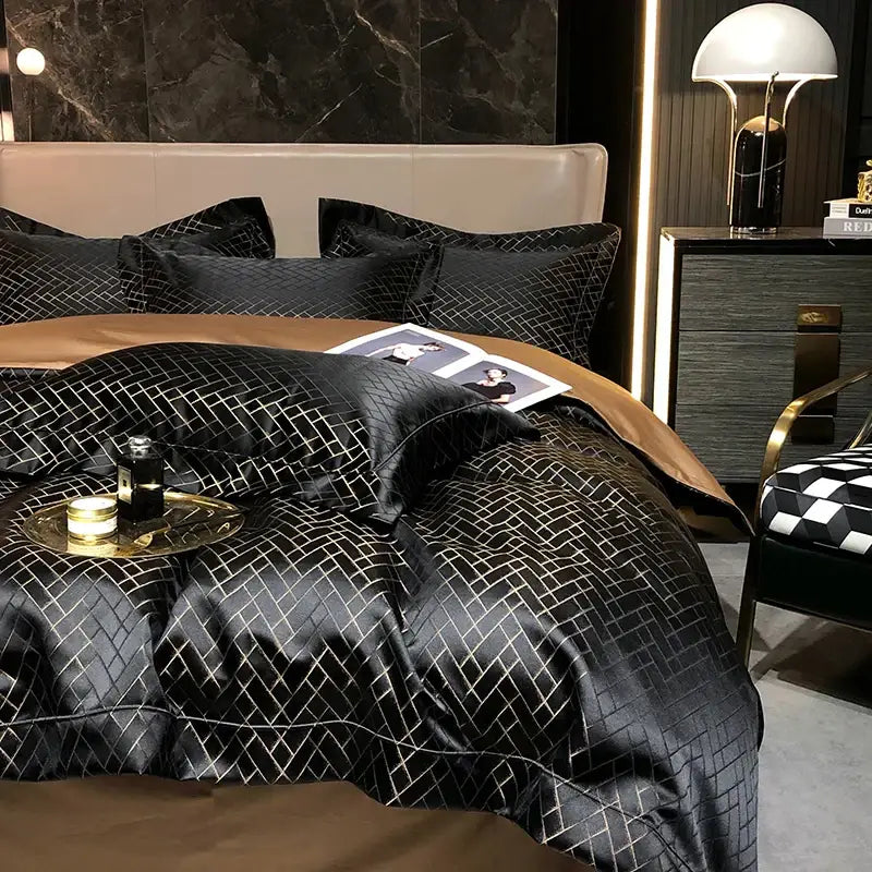 DecorBites™ Black Gold Jacquard Egyptian Cotton Bedding Set - 4Pcs