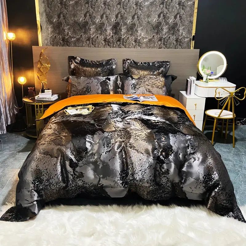 DecorBites™ Black Gold Jacquard Egyptian Cotton Bedding Set, Satin Duvet Cover, Fitted Sheet Pillowcases