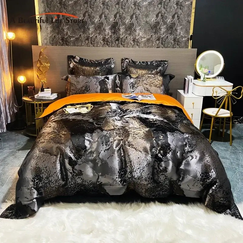 DecorBites™ Black Gold Jacquard Egyptian Cotton Bedding Set, Satin Duvet Cover, Fitted Sheet Pillowcases
