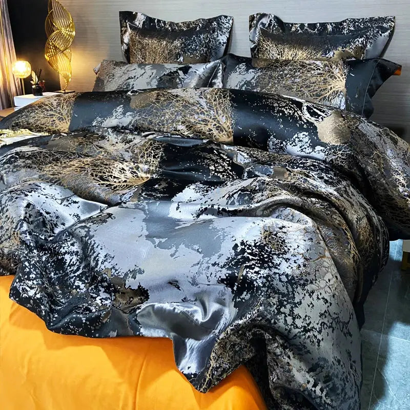 DecorBites™ Black Gold Jacquard Egyptian Cotton Bedding Set, Satin Duvet Cover, Fitted Sheet Pillowcases