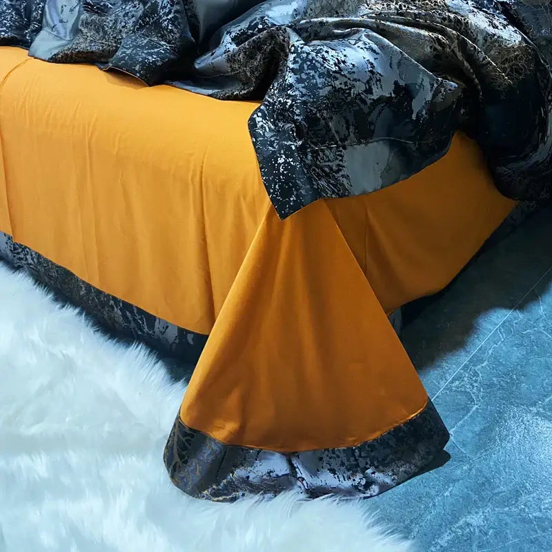DecorBites™ Black Gold Jacquard Egyptian Cotton Bedding Set, Satin Duvet Cover, Fitted Sheet Pillowcases