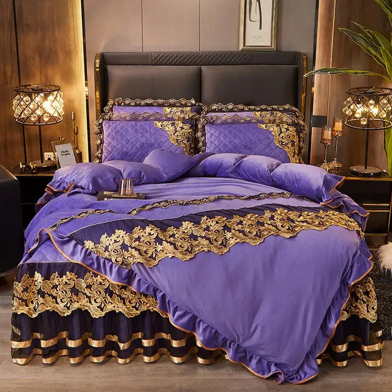 DecorBites™ Black Gold Lace Duvet Set, Luxury Crystal Velvet, Quilted Embroidery, Ruffle Bedding