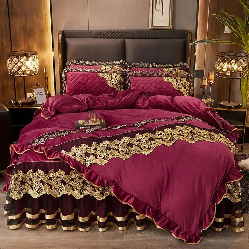 DecorBites™ Black Gold Lace Duvet Set, Luxury Crystal Velvet, Quilted Embroidery, Ruffle Bedding