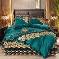 DecorBites™ Black Gold Lace Duvet Set, Luxury Crystal Velvet, Quilted Embroidery, Ruffle Bedding