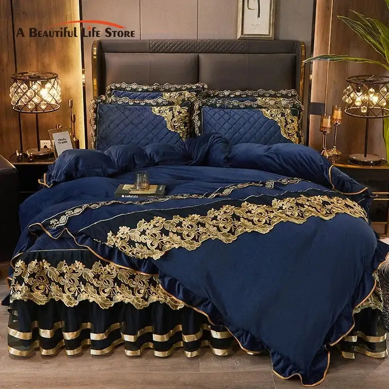 DecorBites™ Black Gold Lace Duvet Set, Luxury Crystal Velvet, Quilted Embroidery, Ruffle Bedding