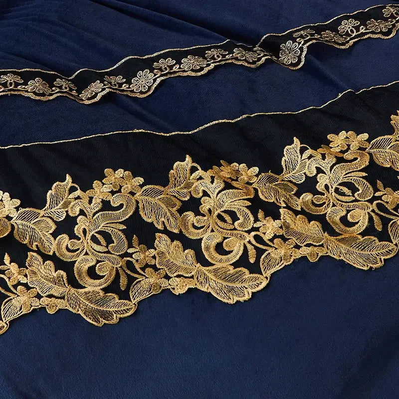 DecorBites™ Black Gold Lace Duvet Set, Luxury Crystal Velvet, Quilted Embroidery, Ruffle Bedding
