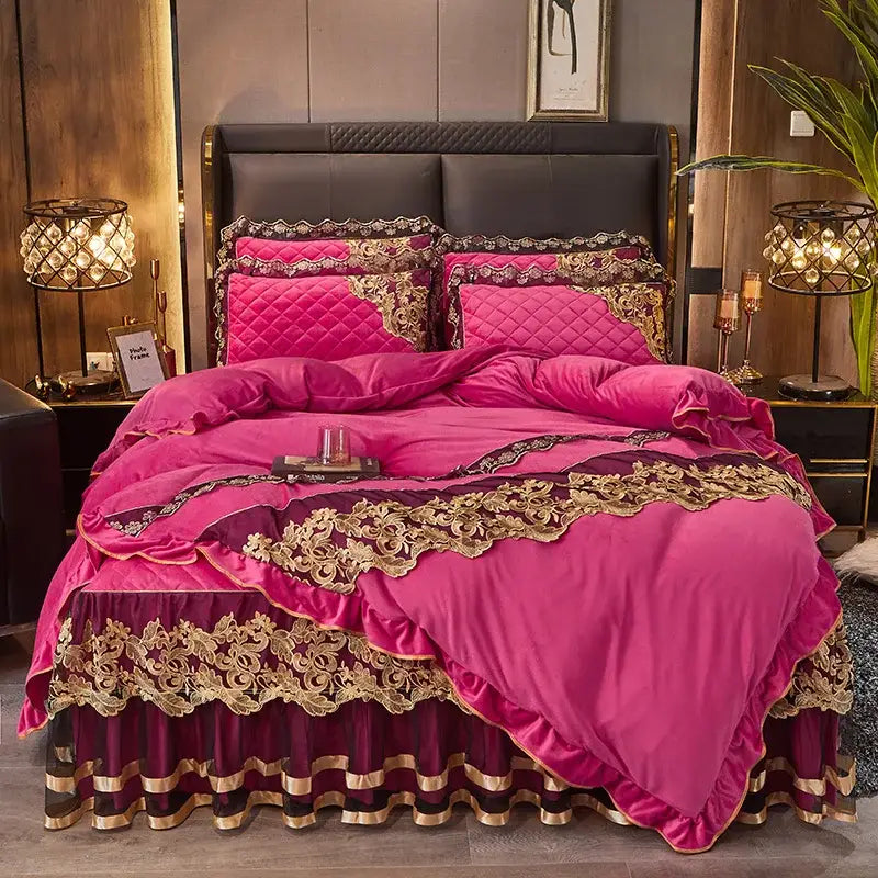 DecorBites™ Black Gold Lace Duvet Set, Luxury Crystal Velvet, Quilted Embroidery, Ruffle Bedding