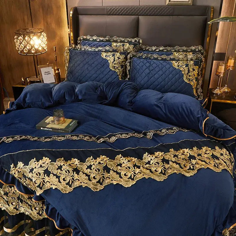 DecorBites™ Black Gold Lace Duvet Set, Luxury Crystal Velvet, Quilted Embroidery, Ruffle Bedding