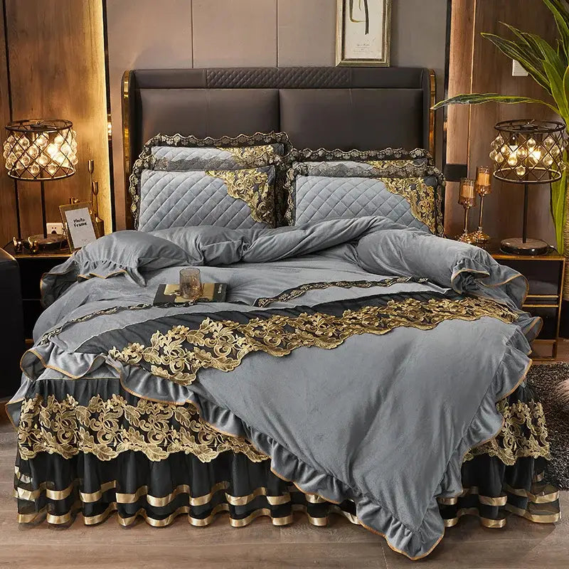 DecorBites™ Black Gold Lace Duvet Set, Luxury Crystal Velvet, Quilted Embroidery, Ruffle Bedding