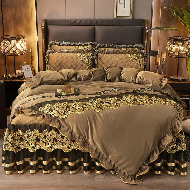DecorBites™ Black Gold Lace Duvet Set, Luxury Crystal Velvet, Quilted Embroidery, Ruffle Bedding