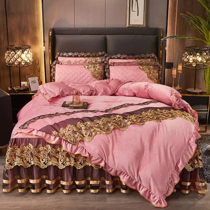 DecorBites™ Black Gold Lace Duvet Set, Luxury Crystal Velvet, Quilted Embroidery, Ruffle Bedding