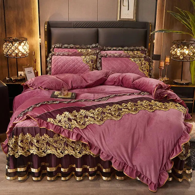 DecorBites™ Black Gold Lace Duvet Set, Luxury Crystal Velvet, Quilted Embroidery, Ruffle Bedding