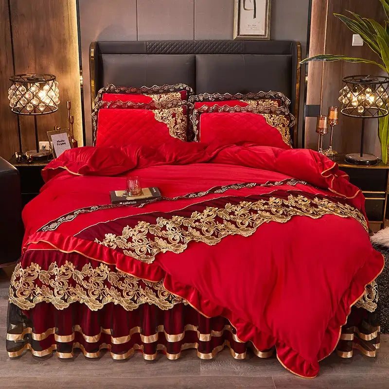DecorBites™ Black Gold Lace Duvet Set, Luxury Crystal Velvet, Quilted Embroidery, Ruffle Bedding