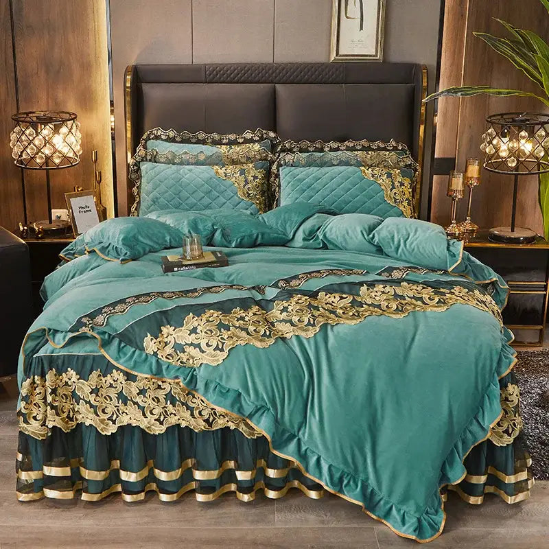 DecorBites™ Black Gold Lace Duvet Set, Luxury Crystal Velvet, Quilted Embroidery, Ruffle Bedding