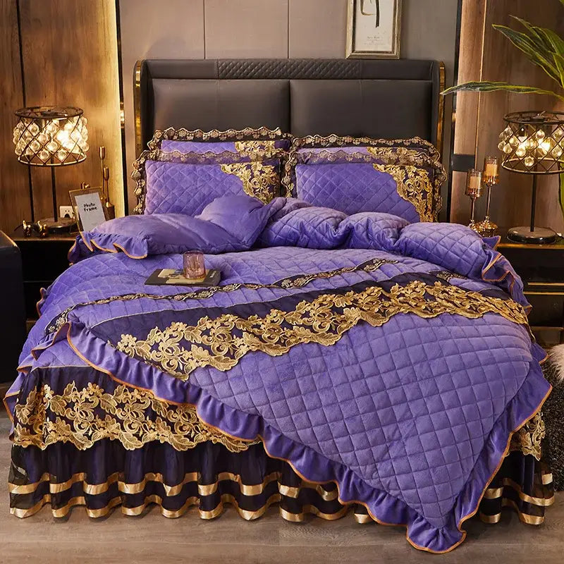 DecorBites™ Black Gold Luxury Crystal Velvet Bedding Set with Quilted Embroidery & Ruffles