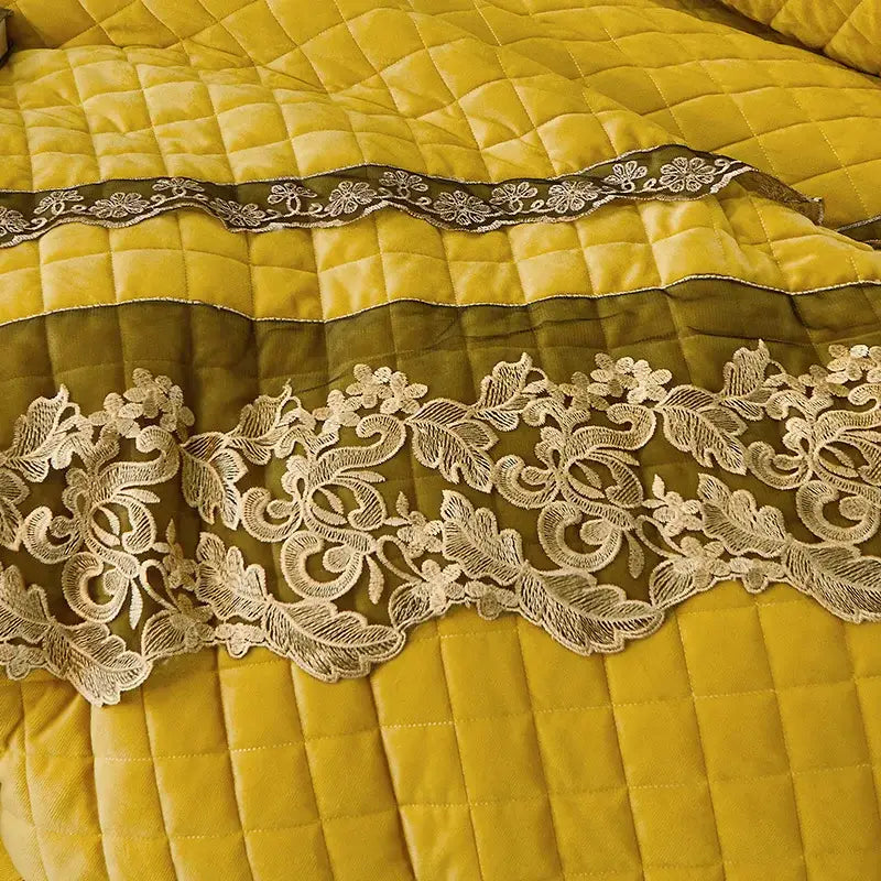 DecorBites™ Black Gold Luxury Crystal Velvet Bedding Set with Quilted Embroidery & Ruffles