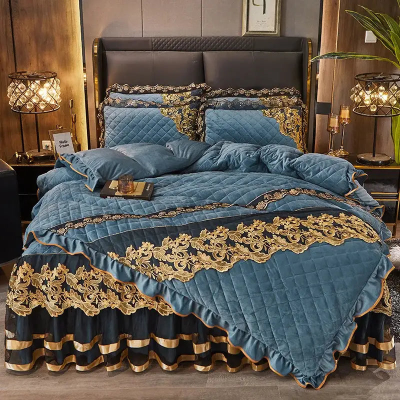 DecorBites™ Black Gold Luxury Crystal Velvet Bedding Set with Quilted Embroidery & Ruffles