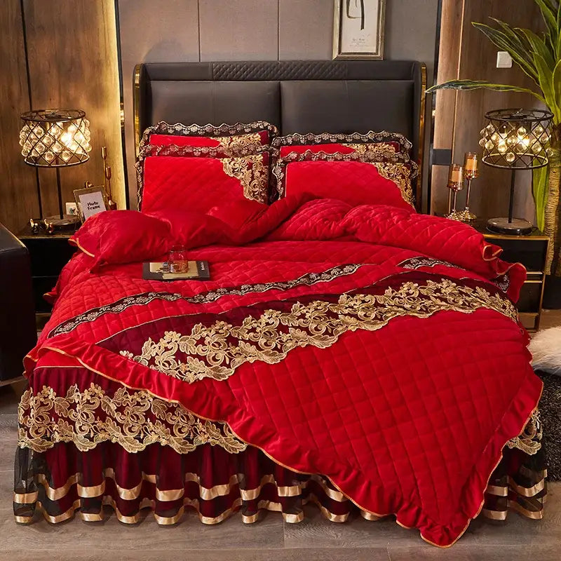 DecorBites™ Black Gold Luxury Crystal Velvet Bedding Set with Quilted Embroidery & Ruffles