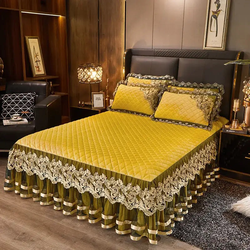 DecorBites™ Black Gold Luxury Crystal Velvet Bedding Set with Quilted Embroidery & Ruffles