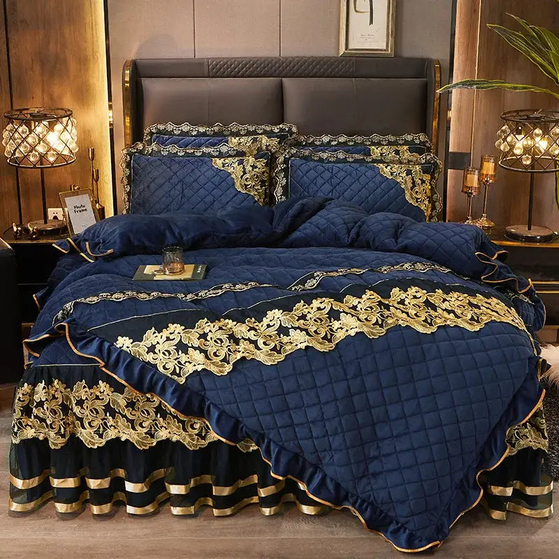 DecorBites™ Black Gold Luxury Crystal Velvet Bedding Set with Quilted Embroidery & Ruffles