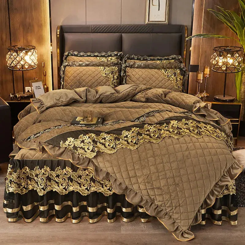 DecorBites™ Black Gold Luxury Crystal Velvet Bedding Set with Quilted Embroidery & Ruffles