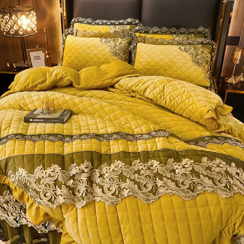 DecorBites™ Black Gold Luxury Crystal Velvet Bedding Set with Quilted Embroidery & Ruffles