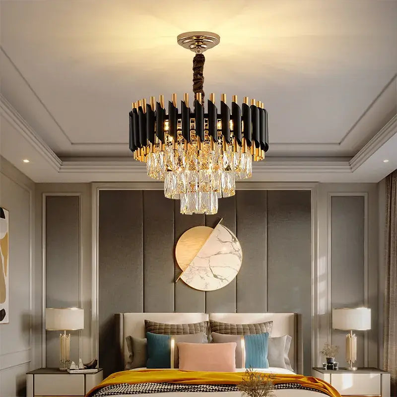 ثريا LED معدنية ذهبية سوداء من DecorBites™ لغرفة المعيشة وغرفة الطعام، مصباح كريستال معلق حديث براق