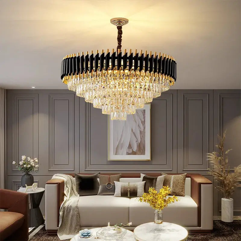 ثريا LED معدنية ذهبية سوداء من DecorBites™ لغرفة المعيشة وغرفة الطعام، مصباح كريستال معلق حديث براق