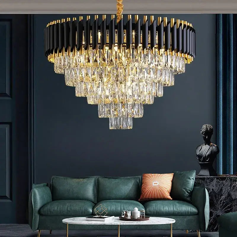 ثريا LED معدنية ذهبية سوداء من DecorBites™ لغرفة المعيشة وغرفة الطعام، مصباح كريستال معلق حديث براق
