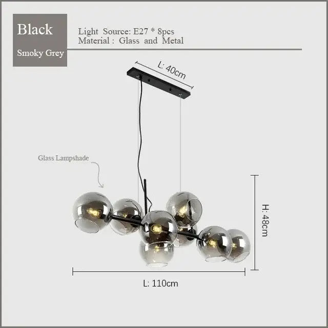 DecorBites™ Black Gold Molecule Glass Ball Chandelier Modern Loft Lamp Living Room Kitchen Island Light