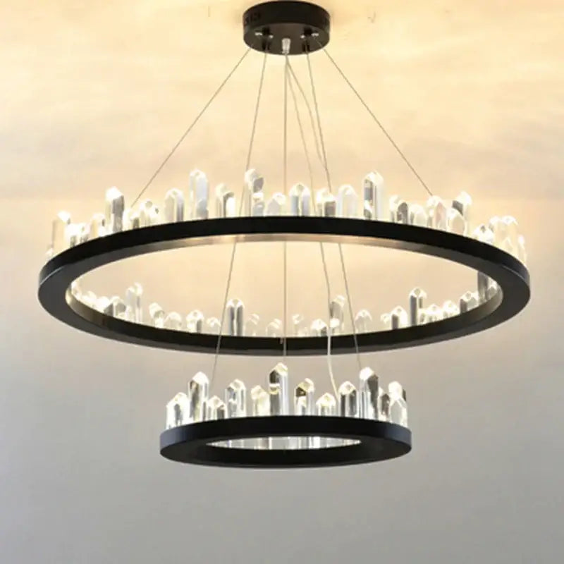 DecorBites™ Black Gold Rings Crystal Chandelier - Nordic Luxury LED Lighting for Living Room