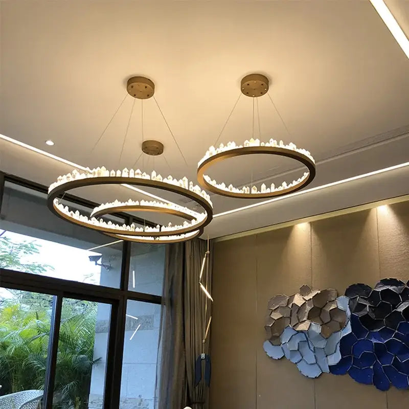 DecorBites™ Black Gold Rings Crystal Chandelier - Nordic Luxury LED Lighting for Living Room