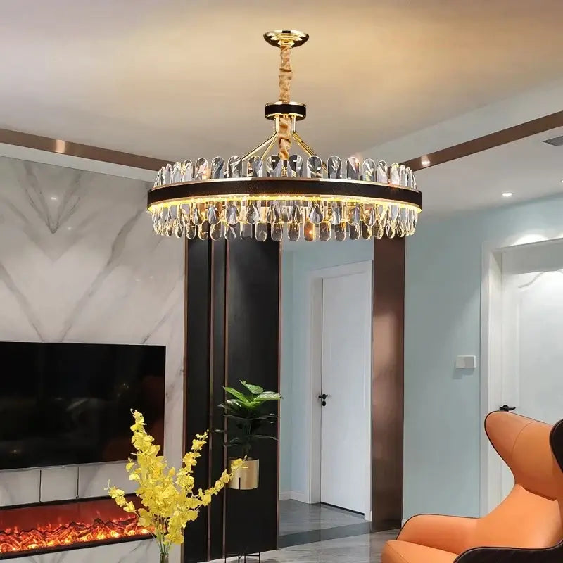 DecorBites™ Black Gold Round LED Crystal Chandelier for Living Room - Modern Suspension Luminaire