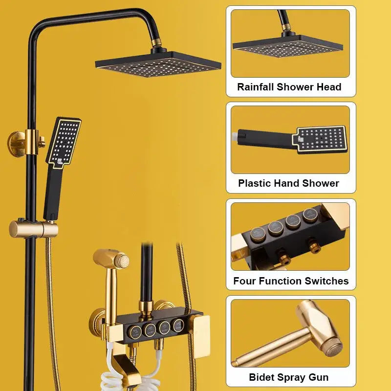 DecorBites™ Black Gold Shower Faucet Set with Bidet Function, Wall Mounted Rainfall Mixer